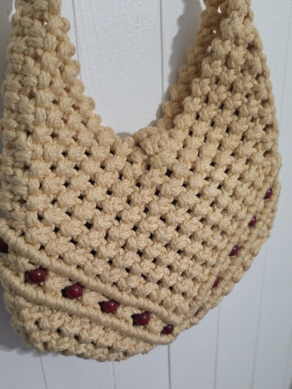 Hand Woven Macrame Beige Beaded Shouldder Bag - Picture 4 of 5